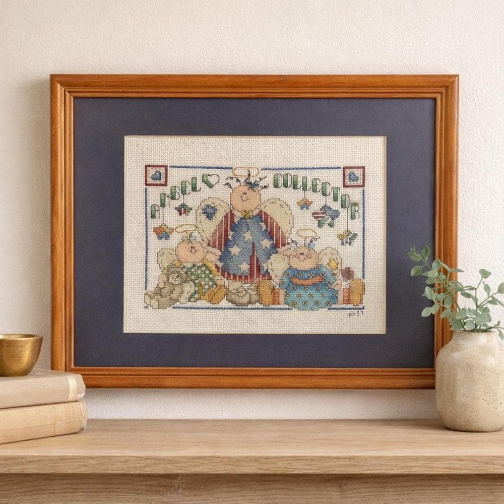 VTG Framed Cross Stitch Patriotic Angel Collector Americana Folk Art Wall Decor